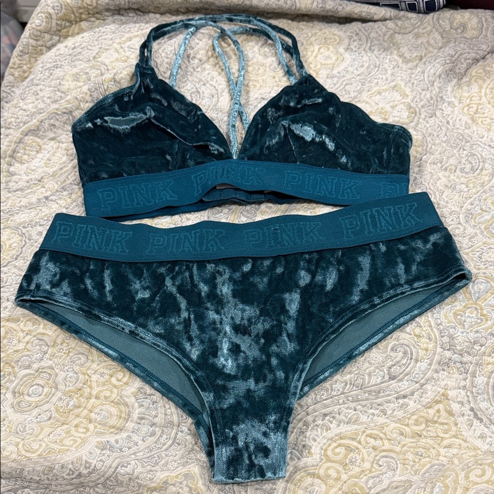 PINK Victoria's Secret Teal Velvet Bra and Panty Set